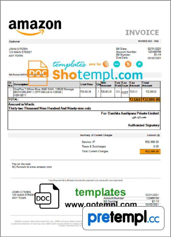 USA Amazon invoice example in Word and PDF format, fully editable