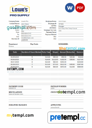 USA Lowe's Pro Supply wholesale company pay stub Word and PDF example