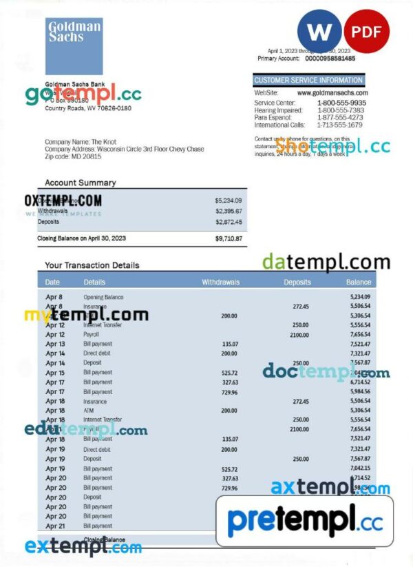 Goldman Sachs bank organization account statement Word and PDF template