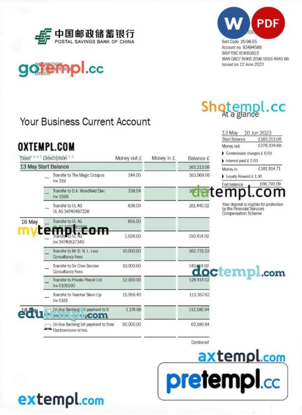 Postal Savings Bank firm account statement Word and PDF template