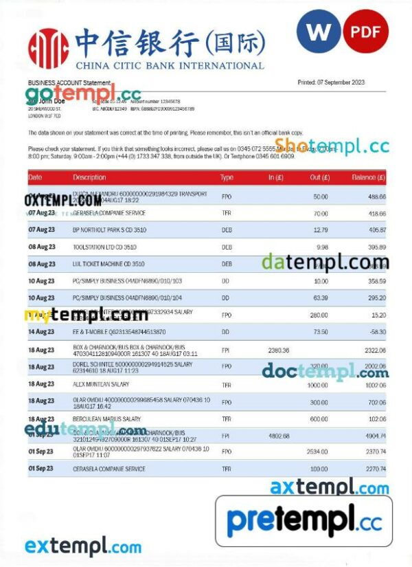 China CITIC Bank corporate account statement Word and PDF template