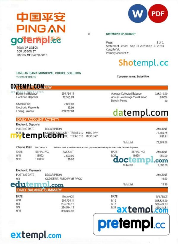 Ping An Bank firm checking account statement Word and PDF template
