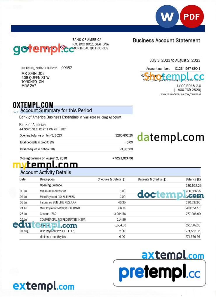 Bank of America organization bank statement Word and PDF template ...