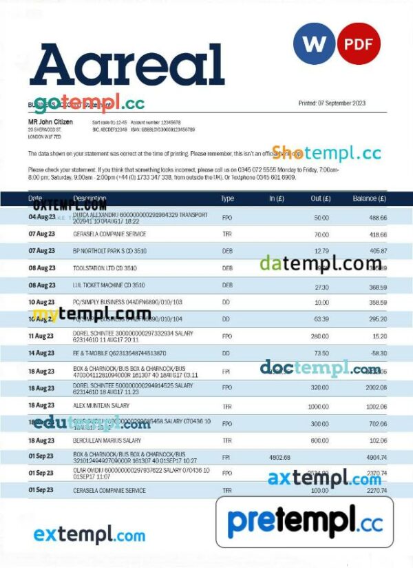Aareal Bank firm account statement Word and PDF template