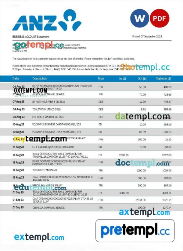 ANZ Bank corporate statement Word and PDF template