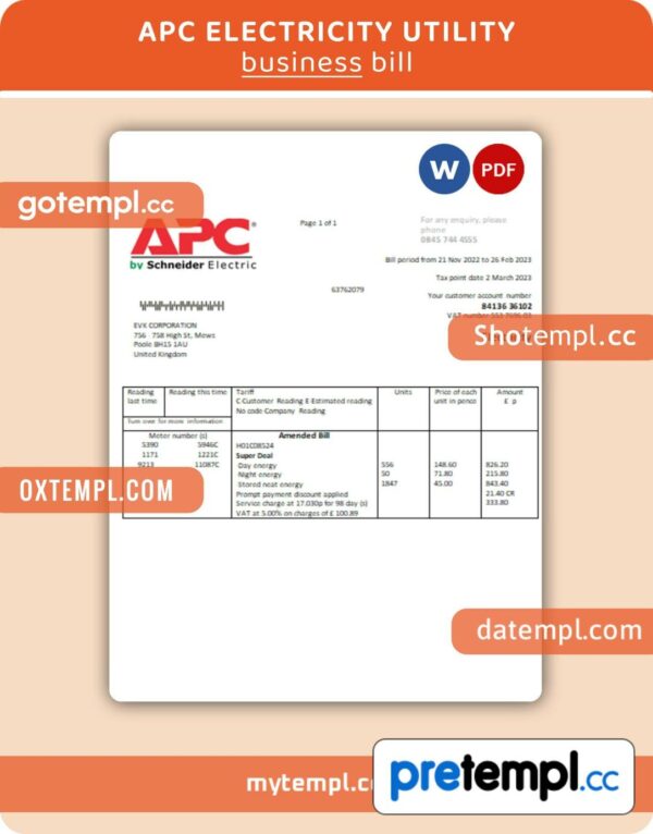 APC electricity business utility bill, Word and PDF template, 2 pages