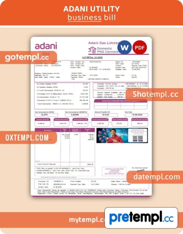 Adani business utility bill, Word and PDF template