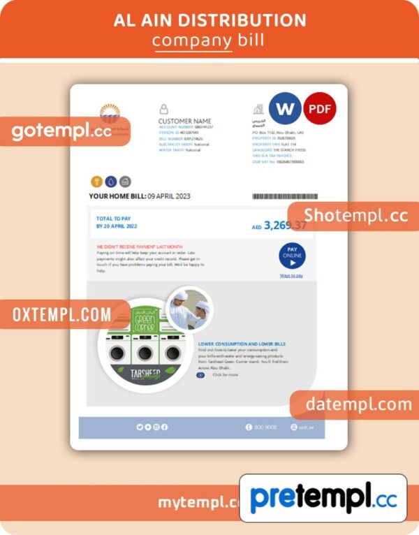 Al Ain Distribution Company business utility bill, Word and PDF template, 2 pages
