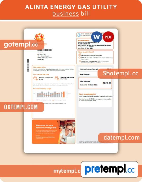 Alinta energy gas business utility bill, Word and PDF template
