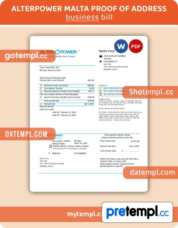 AlterPower Malta proof of address business utility bill,PDF and WORD template