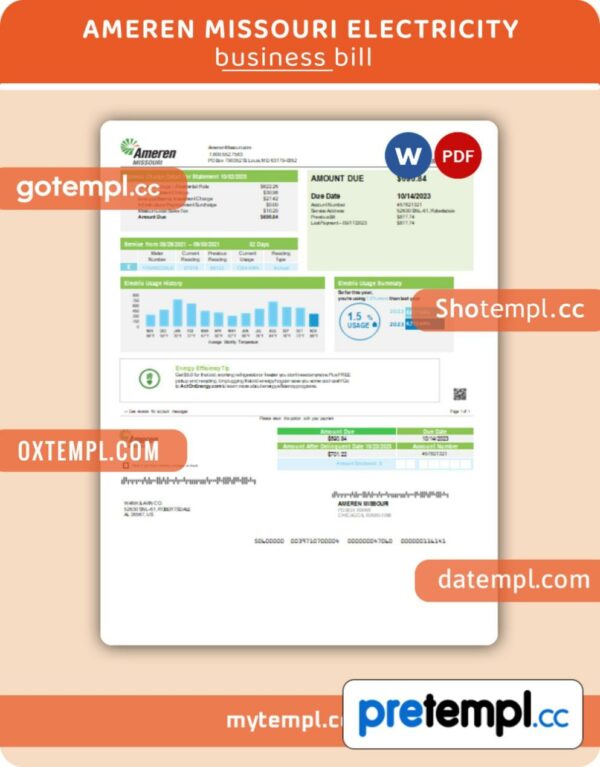Ameren Missouri electricity business utility bill, Word and PDF template, 4 pages, version 3