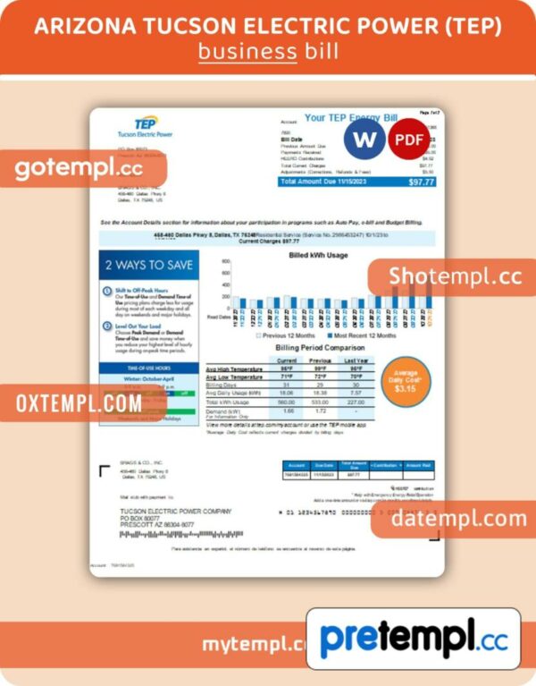 Arizona Tucson Electric Power (TEP) business utility bill, Word and PDF template, 4 pages, version 3
