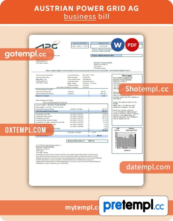 Austrian Power Grid AG business utility bill, Word and PDF template