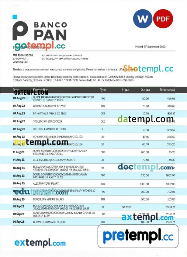 Banco Pan Bank firm account statement Word and PDF template