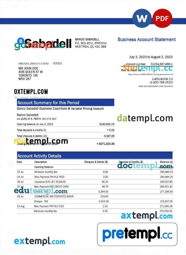 Banco Sabadell firm statement Word and PDF template