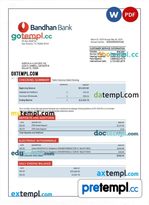 Bandhan Bank organization account statement Word and PDF template
