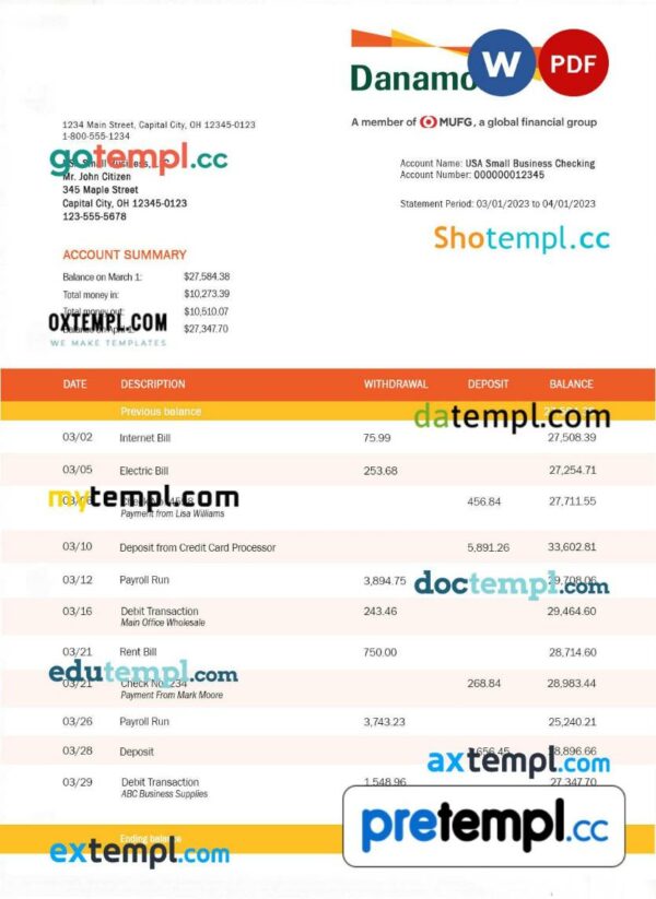 Bank Danamon enterprise account statement Word and PDF template