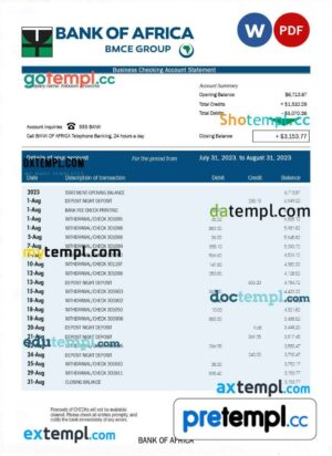 Bank of Africa enterprise account statement Word and PDF template