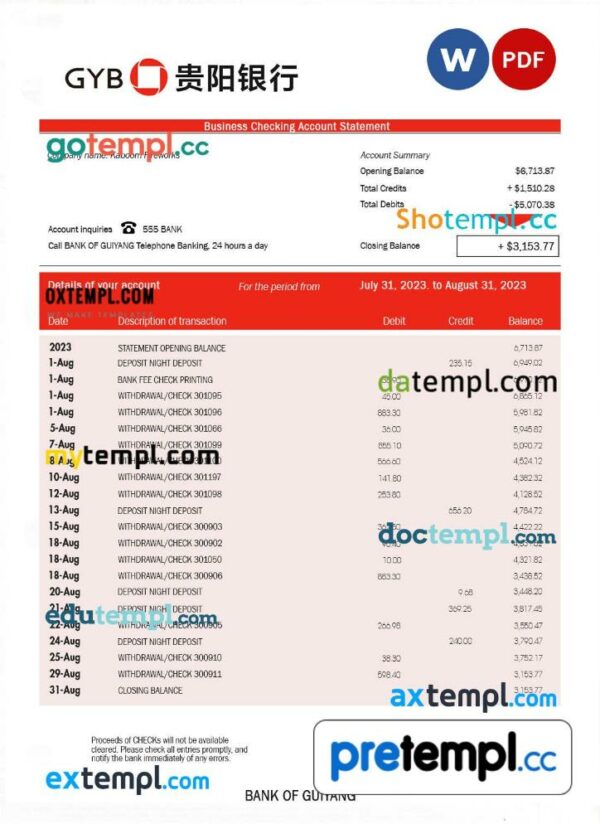 Bank of Guiyang firm account statement Word and PDF template