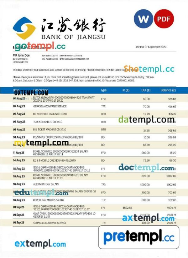 Bank of Jiangsu corporate account statement Word and PDF template