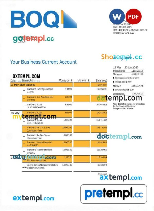 Bank of Queensland business checking account statement Word and PDF template