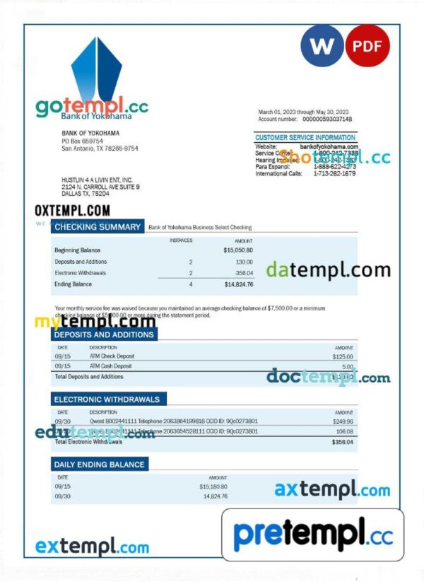 Bank of Yokohama company checking account statement Word and PDF template