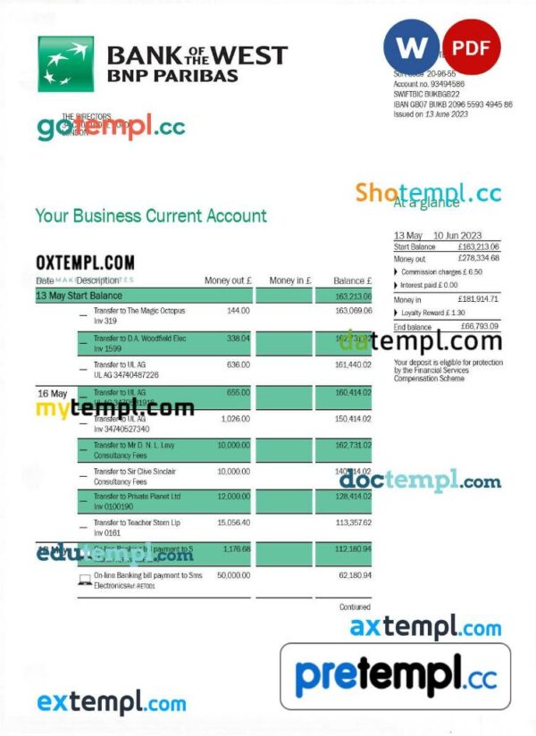 Bank of the West company checking account statement Word and PDF template