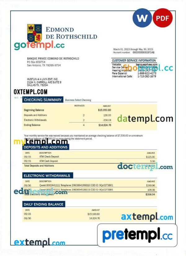 Banque Privee Edmond de Rothschild organization checking account statement Word and PDF template