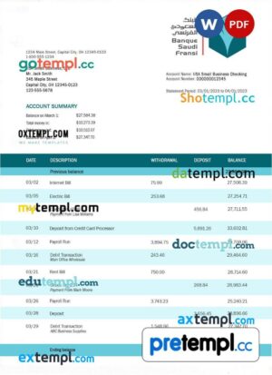 Banque Saudi Fransi company checking account statement Word and PDF template