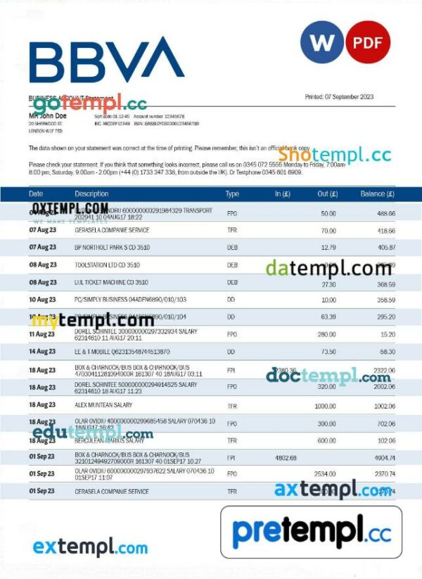 BBVA Bank organization statement Word and PDF template