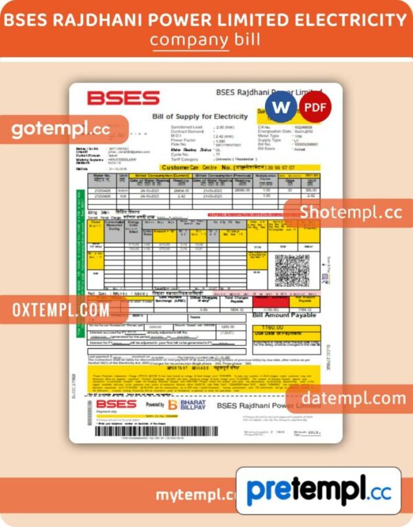 BSES Rajdhani Power Limited electricity business utility bill, Word and PDF template