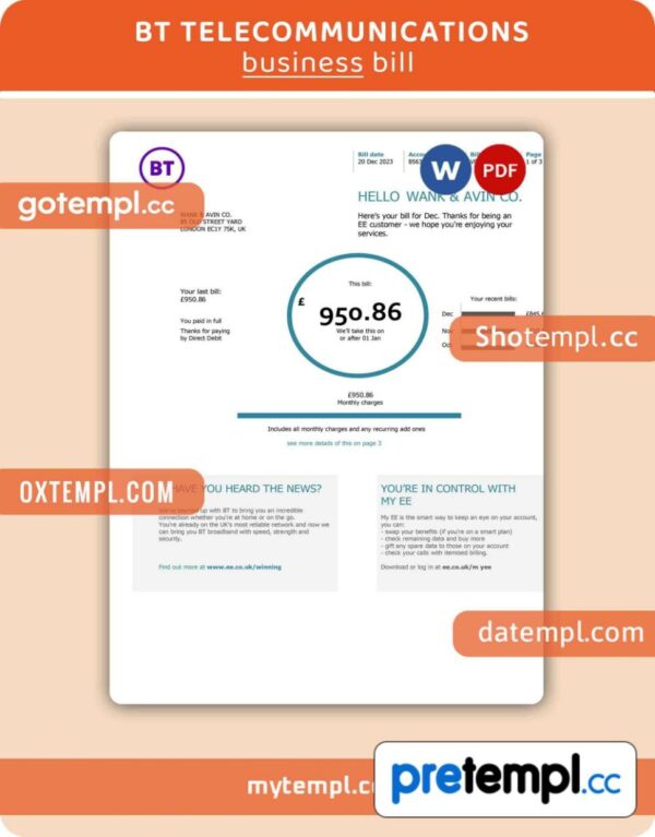BT telecommunications business utility bill, Word and PDF template, 2 pages
