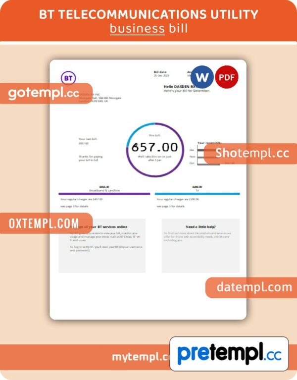 BT telecommunications business utility bill, Word and PDF template
