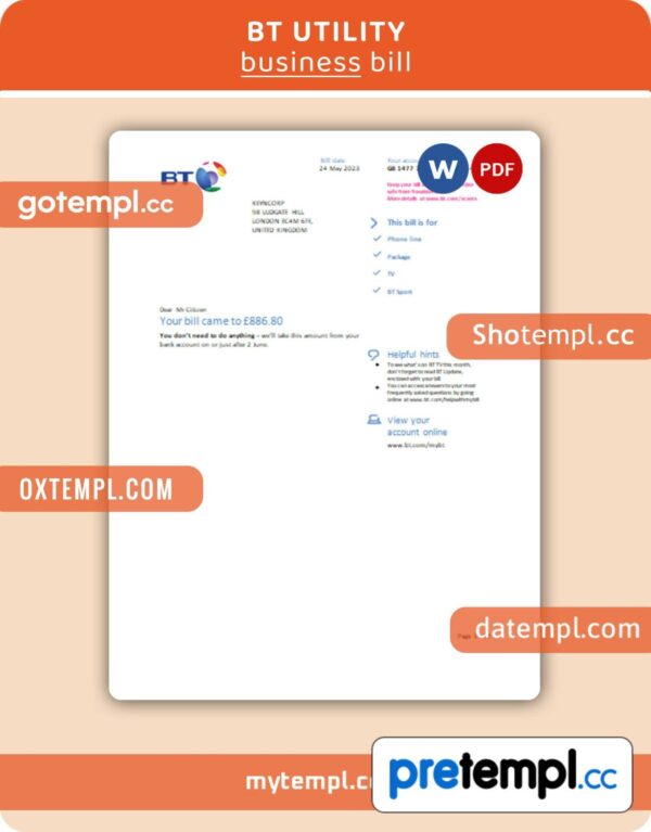 BT business utility bill, Word and PDF template