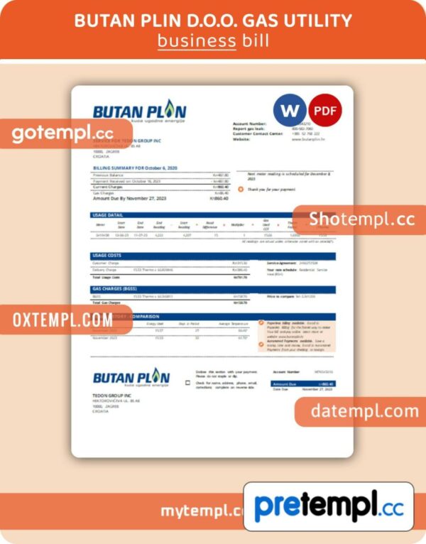 BUTAN PLIN d.o.o. gas utility business bill, Word and PDF template