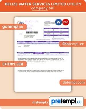 Belize Water Services Limited  business utility bill, PDF and WORD template