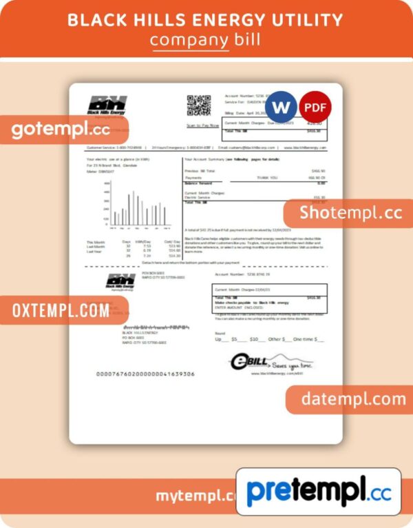 Black Hills Energy business utility bill, Word and PDF template, 4 pages, version 3