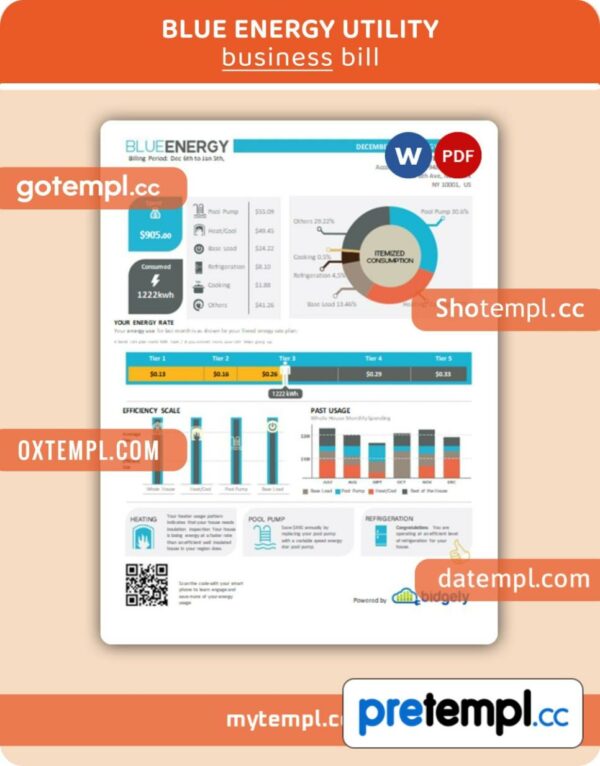 Blue Energy business utility bill, Word and PDF template