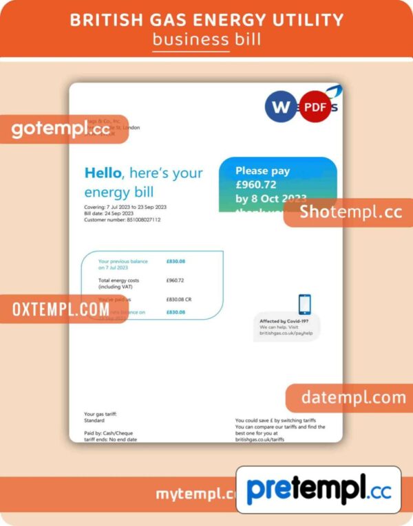 British Gas Energy business utility bill, Word and PDF template