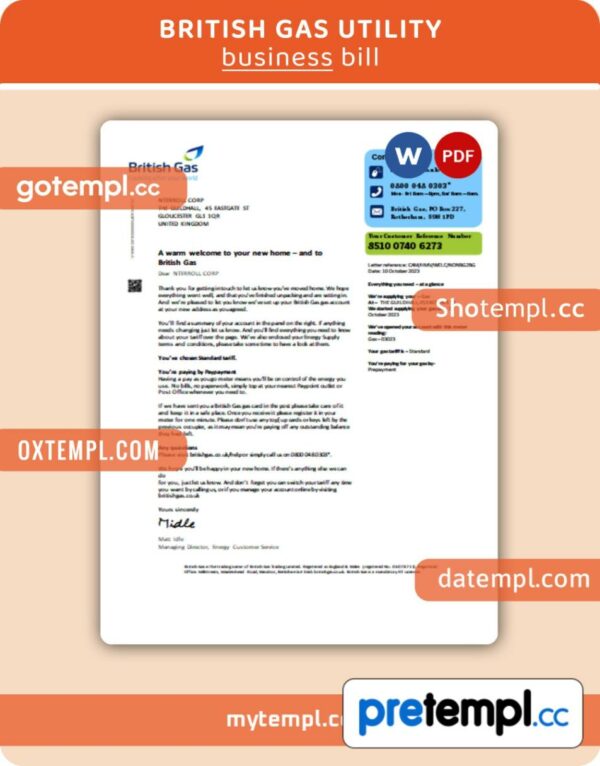 British Gas business utility bill, PDF and Word template