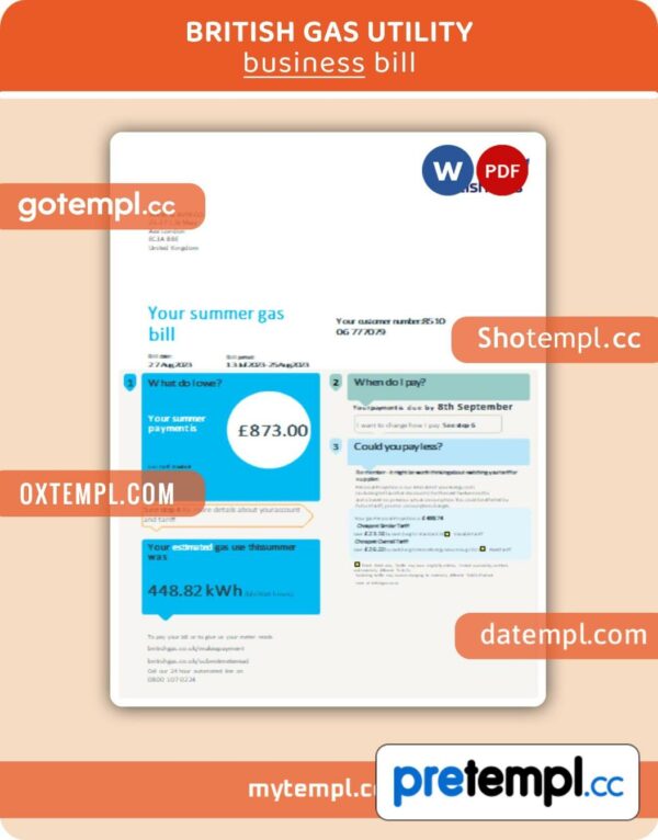 British gas business utility bill, Word and PDF template