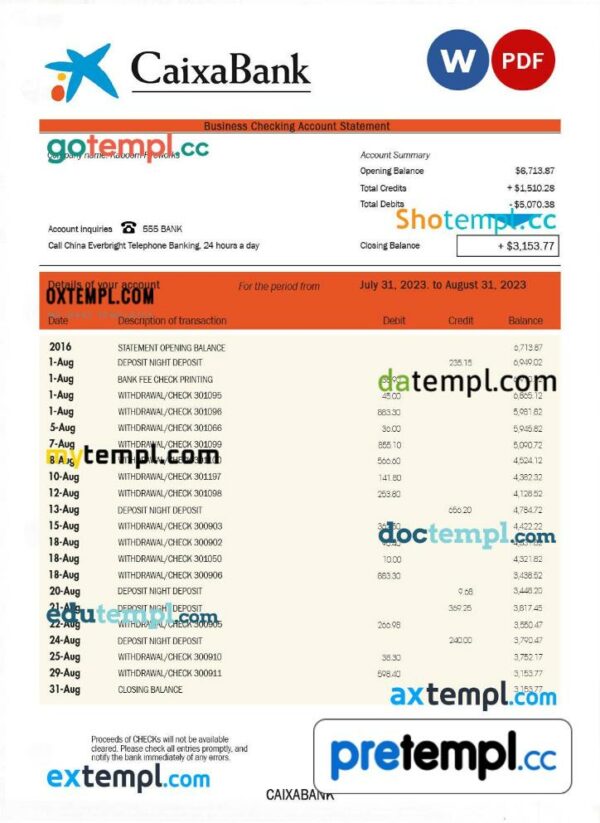 Caixabank company bank statement Word and PDF template