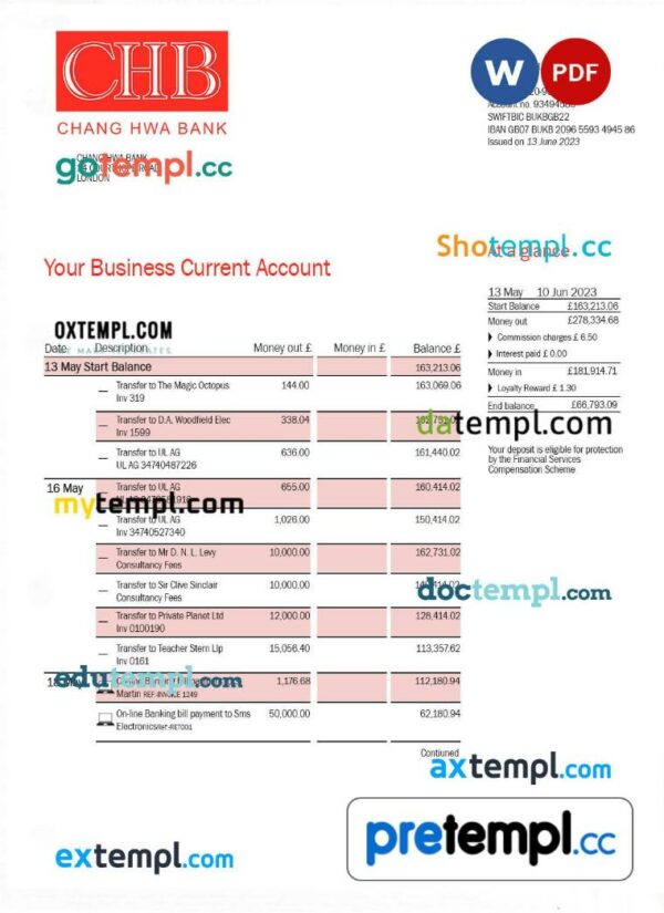 Chang Hwa Bank business statement Word and PDF template