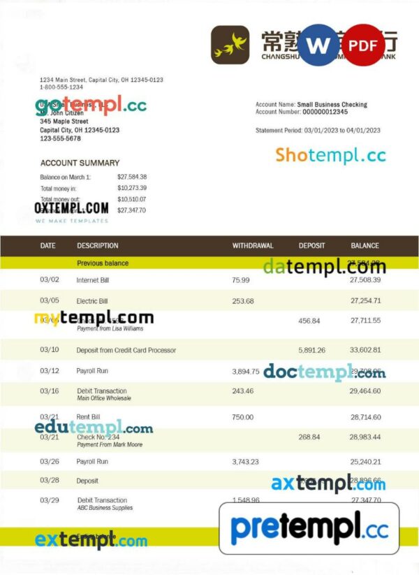 Changsu Rural Commercial Bank firm account statement Word and PDF template
