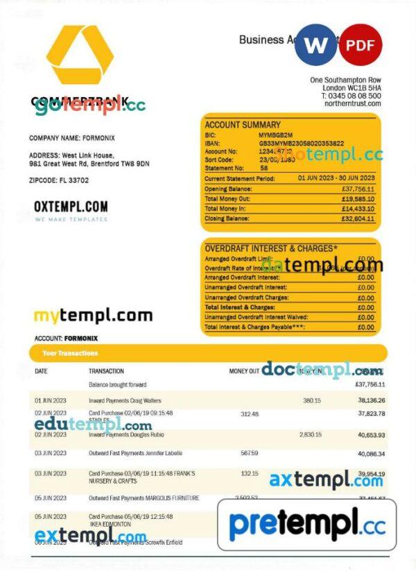 Commerzbank company checking account statement Word and PDF template