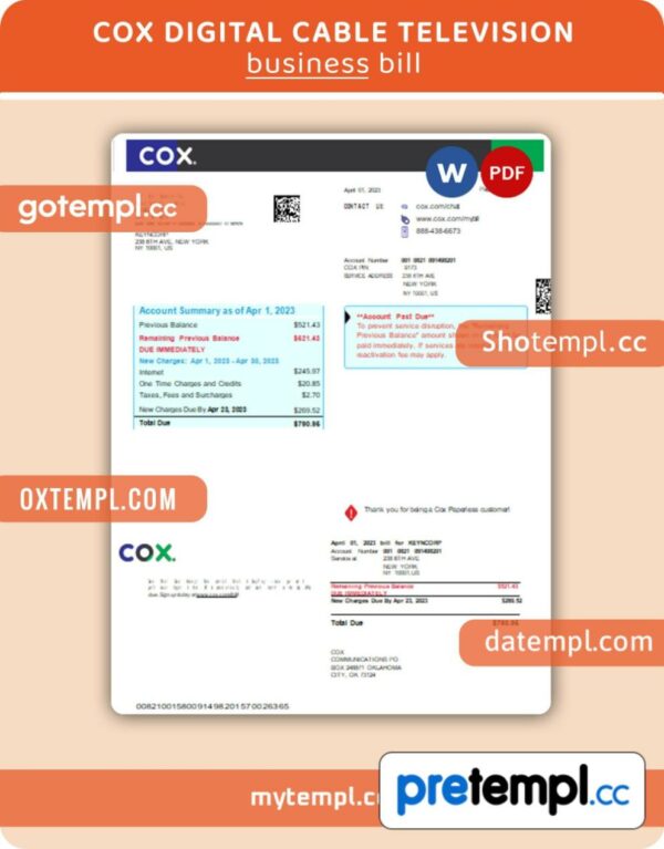 COX digital cable television  business utility bill, PDF and WORD template