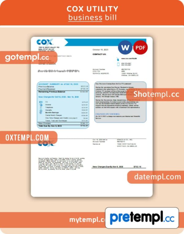 COX utility business bill, Word and PDF template, 4 pages, version 3
