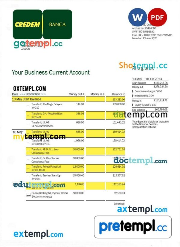 Credito Emiliano firm account statement Word and PDF template