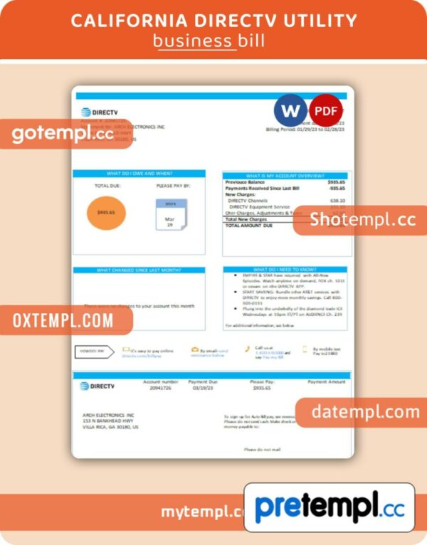 California Directv business utility bill, Word and PDF template