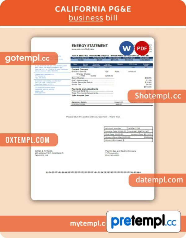 California PG&E (Pacific Gas and Electric Company) business utility bill, Word and PDF template, 2 pages
